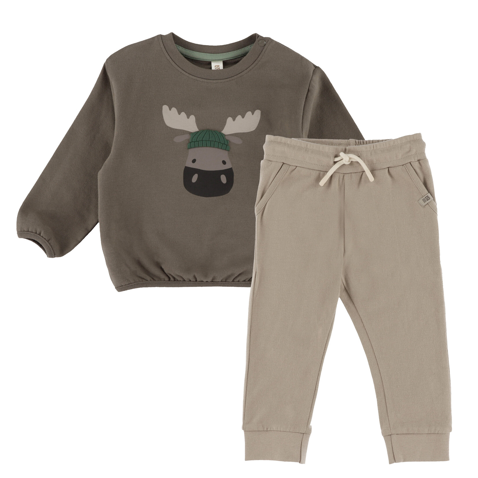 Nanö NANÖ - Ensemble 2 morceaux - Chandail taupe manches longues avec imprimé orignal et pantalon jogging brun 'Ma douce forêt'