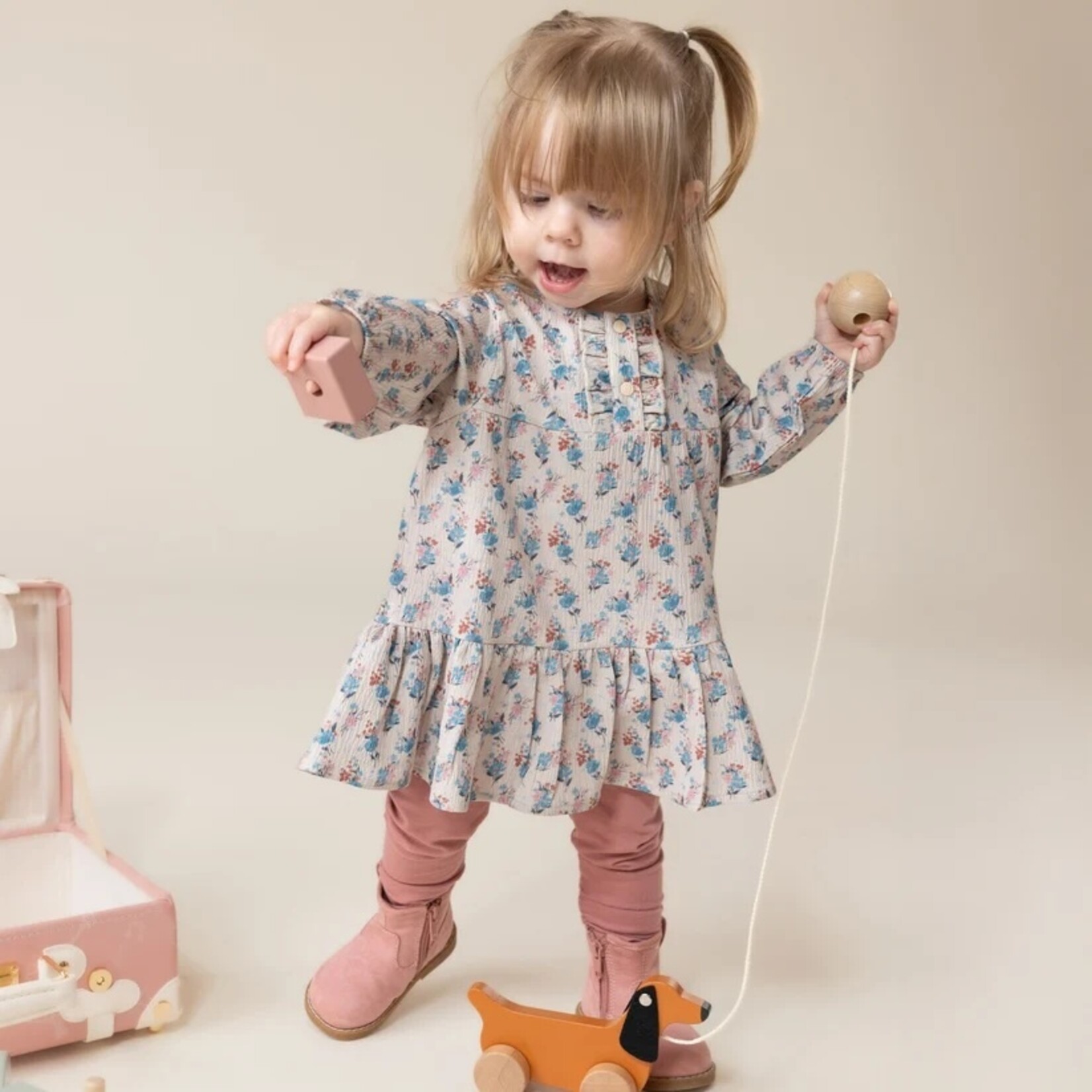 Nanö NANÖ - Ensemble 2 morceaux - Tunique beige en crêpe texturée à imprimée florale et legging uni rose 'Charmante floraison'