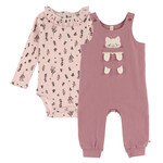 Nanö NANÖ - 2-piece set - Plain cotton fleece overalls with 3D cat and ribbed jersey bodysuit 'Il était une fois'