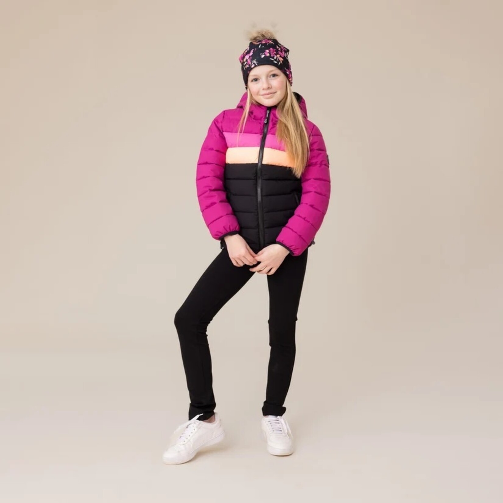 Nanö NANÖ - Black quilted autumn coat with mauve, pink and coral stripes