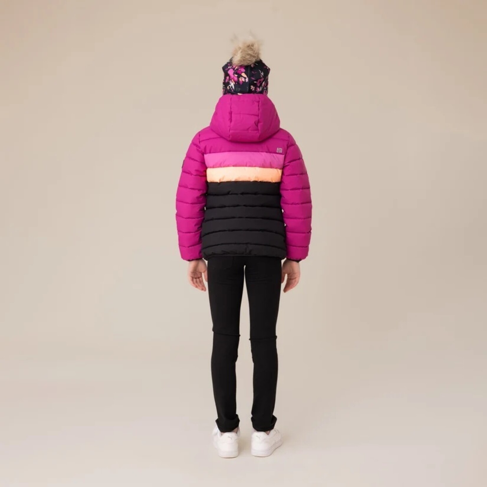 Nanö NANÖ - Manteau d'automne matelassé noir et à rayures mauve, rose et corail