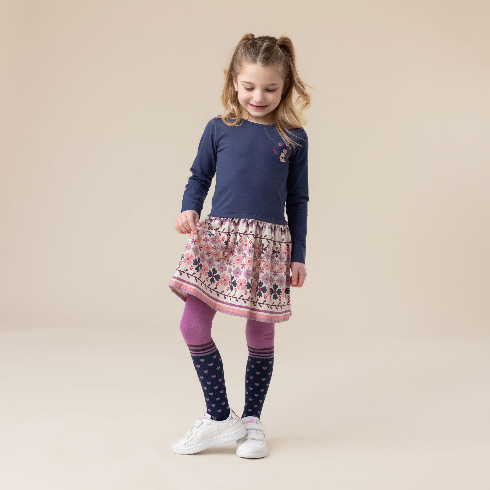 Nanö NANÖ - Long-sleeved navy dress with a floral-print skirt  'Douceur d'hiver'