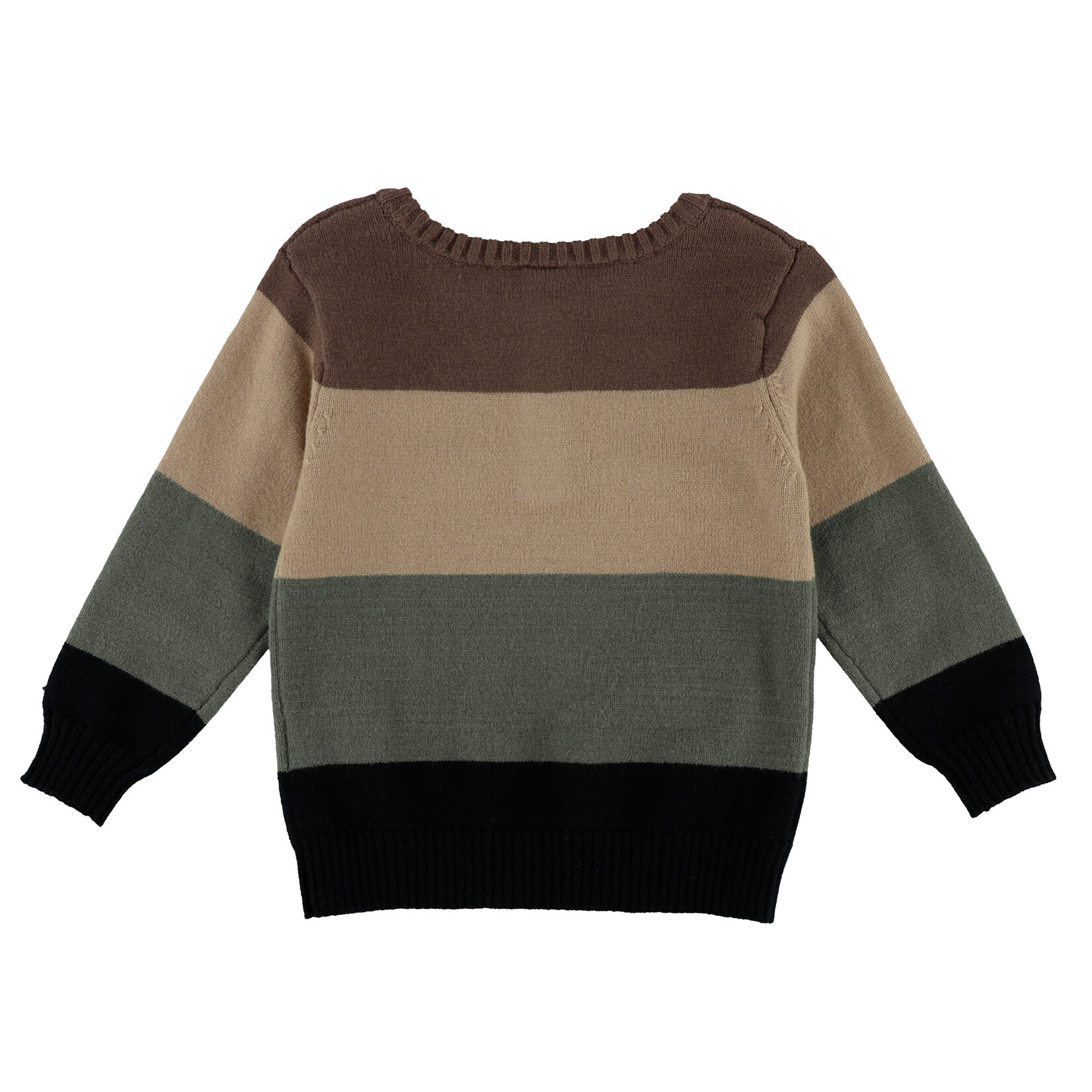 Nanö NANÖ - Chandail en tricot à rayures brunes, beiges, vertes et noires 'Ma douce forêt'