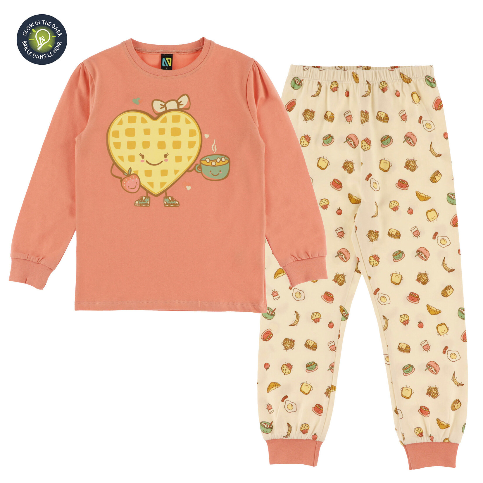 Nanö NANÖ - Coral and beige two-piece pyjama set with a cheerful lunch print