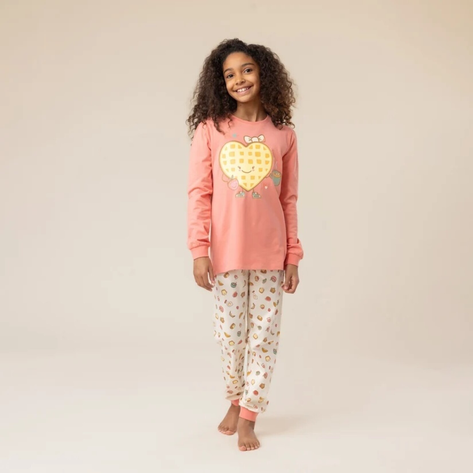 Nanö NANÖ - Ensemble pyjama deux pièces corail et beige avec imprimé de déjeuners joyeux
