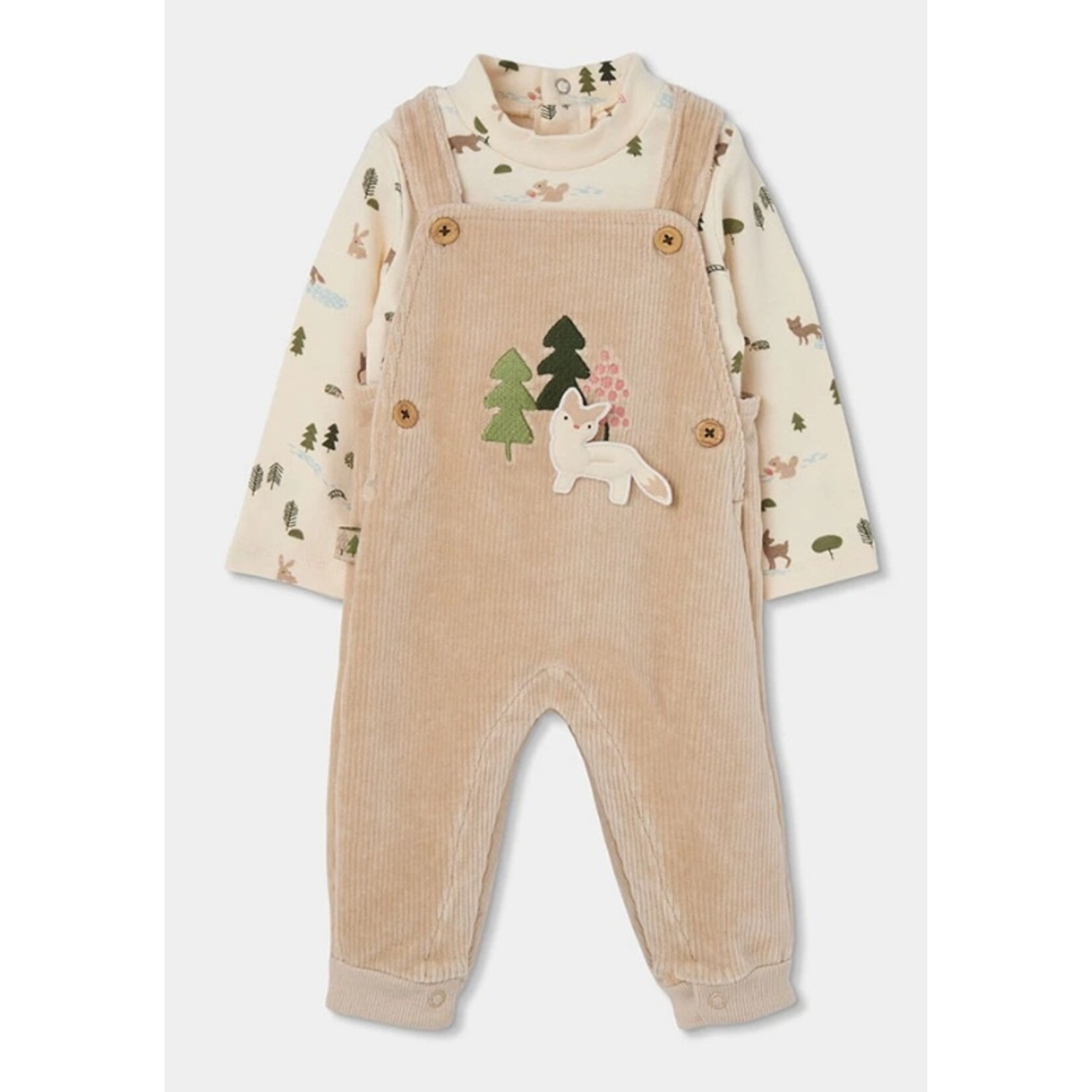Boboli BOBOLI - Ensemble 2 pièces -Cache-couche écru manches longues avec imprimé forêt et salopette en corduroy souple avec appliqué renard