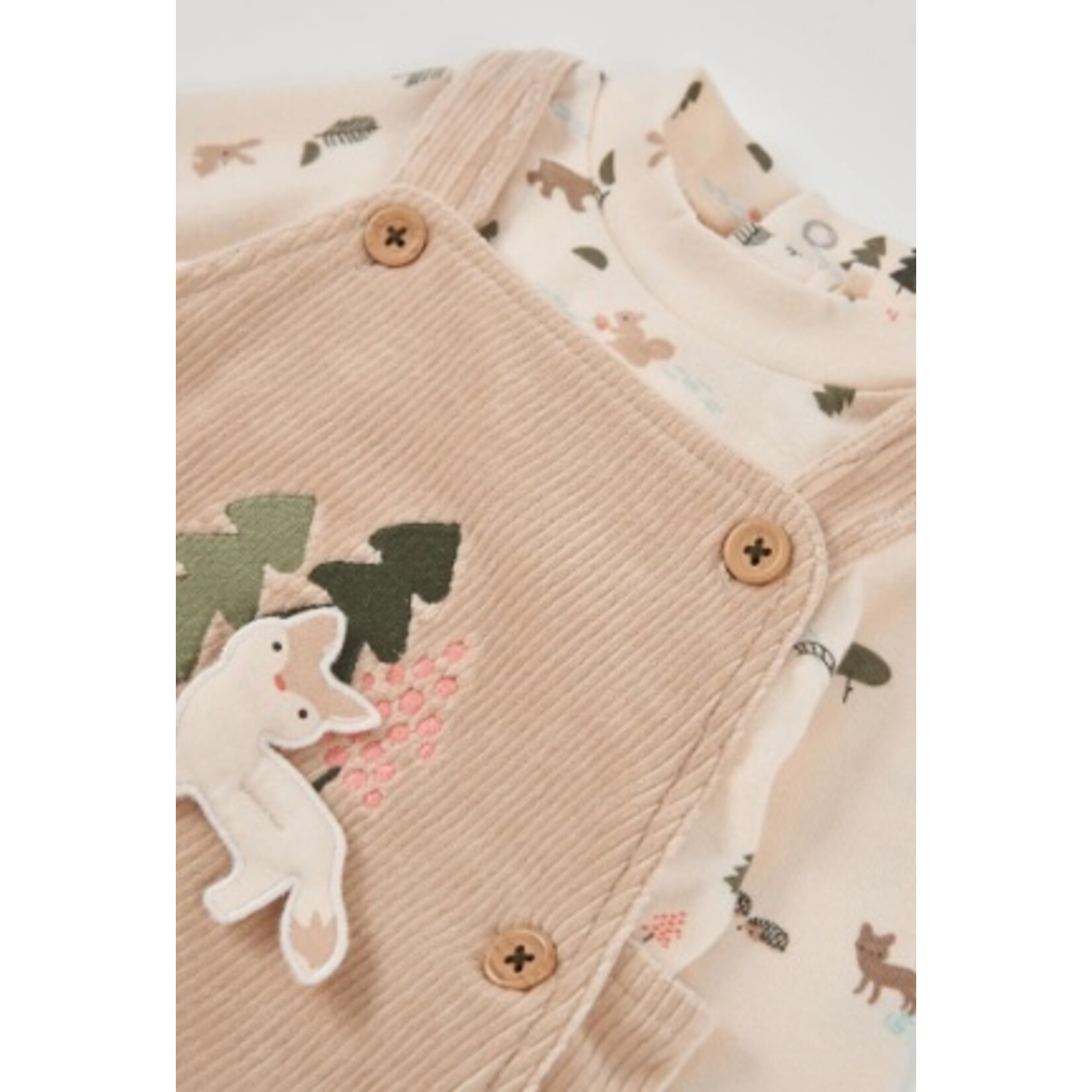 Boboli BOBOLI - Ensemble 2 pièces -Cache-couche écru manches longues avec imprimé forêt et salopette en corduroy souple avec appliqué renard