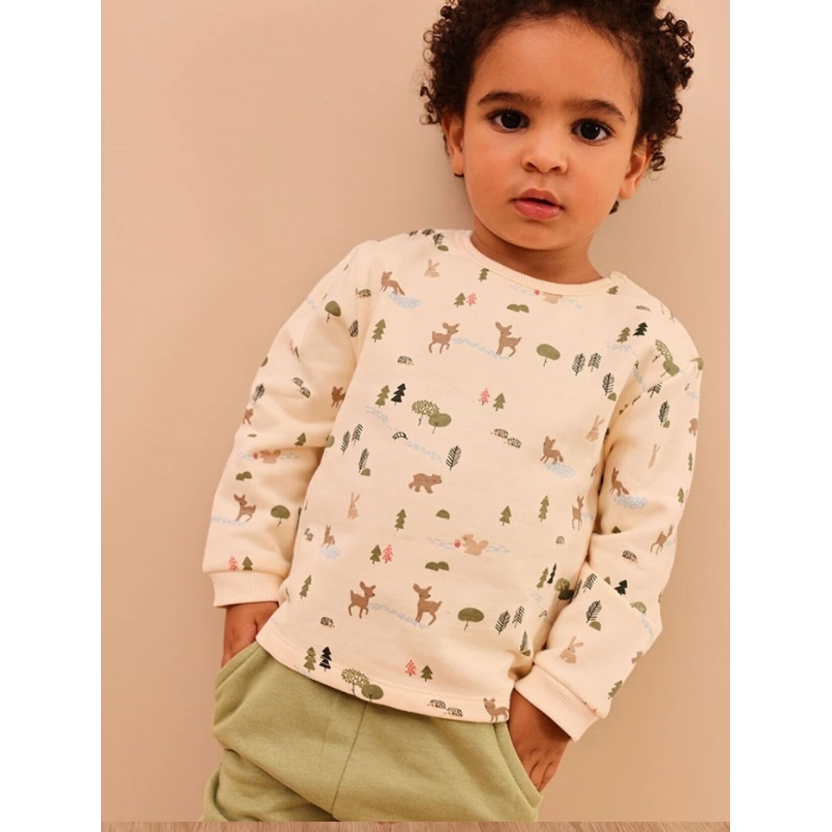 Boboli BOBOLI - Ensemble 2 pièces - Chandail écru manches longues avec imprimé forêt et pantalon souple vert sauge avec visage renard à l'arrière