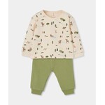 Boboli BOBOLI - 2-piece set - Ecru long-sleeved top with forest print and soft sage green trousers featuring a fox face on the back.
