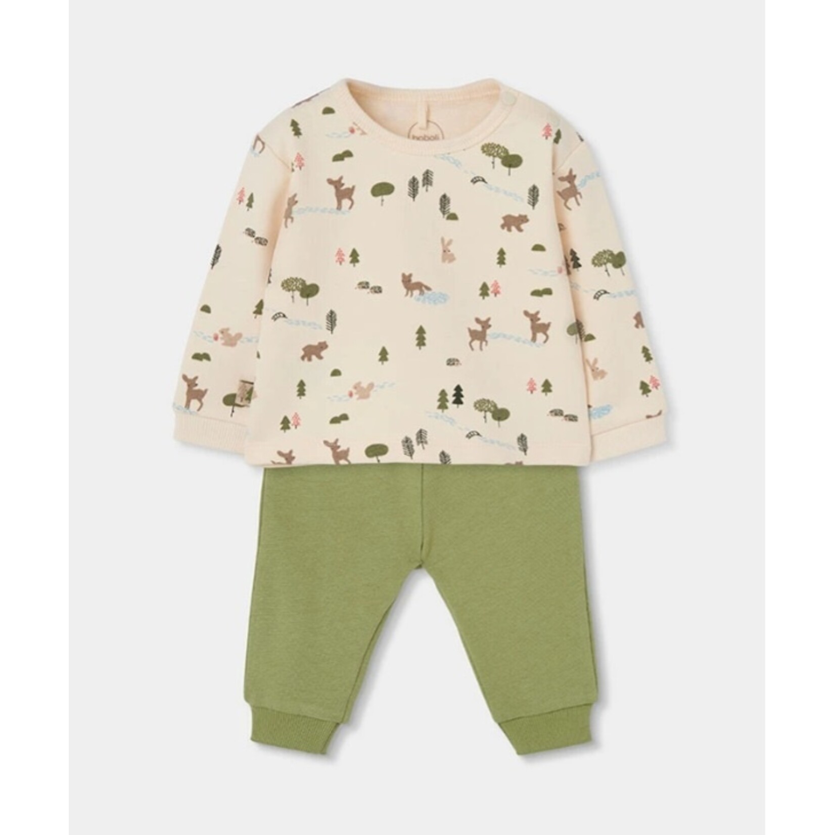Boboli BOBOLI - 2-piece set - Ecru long-sleeved top with forest print and soft sage green trousers featuring a fox face on the back.