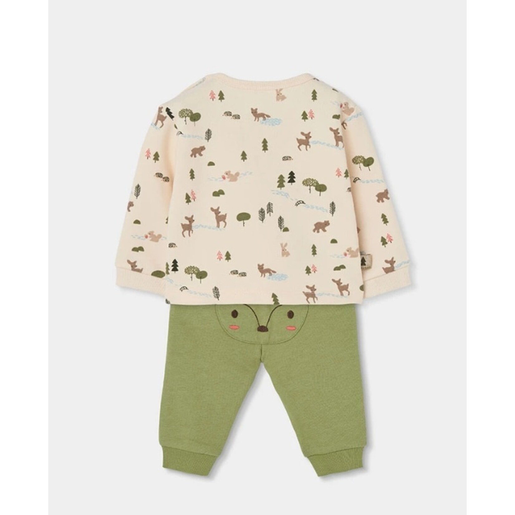 Boboli BOBOLI - Ensemble 2 pièces - Chandail écru manches longues avec imprimé forêt et pantalon souple vert sauge avec visage renard à l'arrière