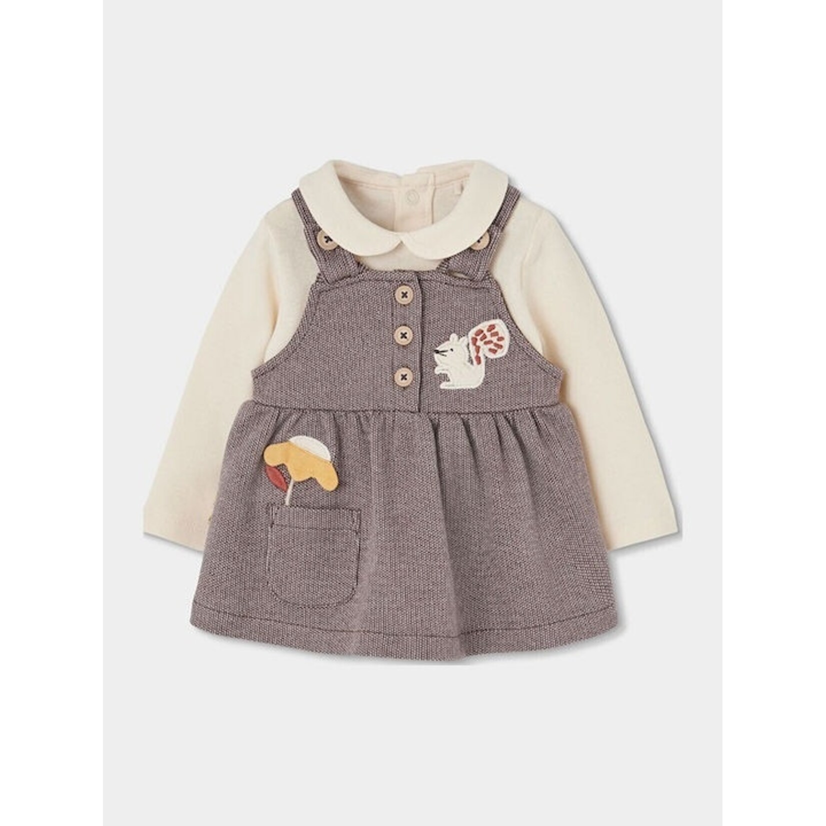 Boboli BOBOLI - Ensemble 2 pièces - Cache-couche beige à col claudine et robe à bretelles beige et brune à broderie d'écureuil et fleur