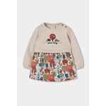 Boboli BOBOLI - Robe beige à manches longues à haut avec imprimé d'animaux 'good things' et volant à imprimé d'animaux de la forêt