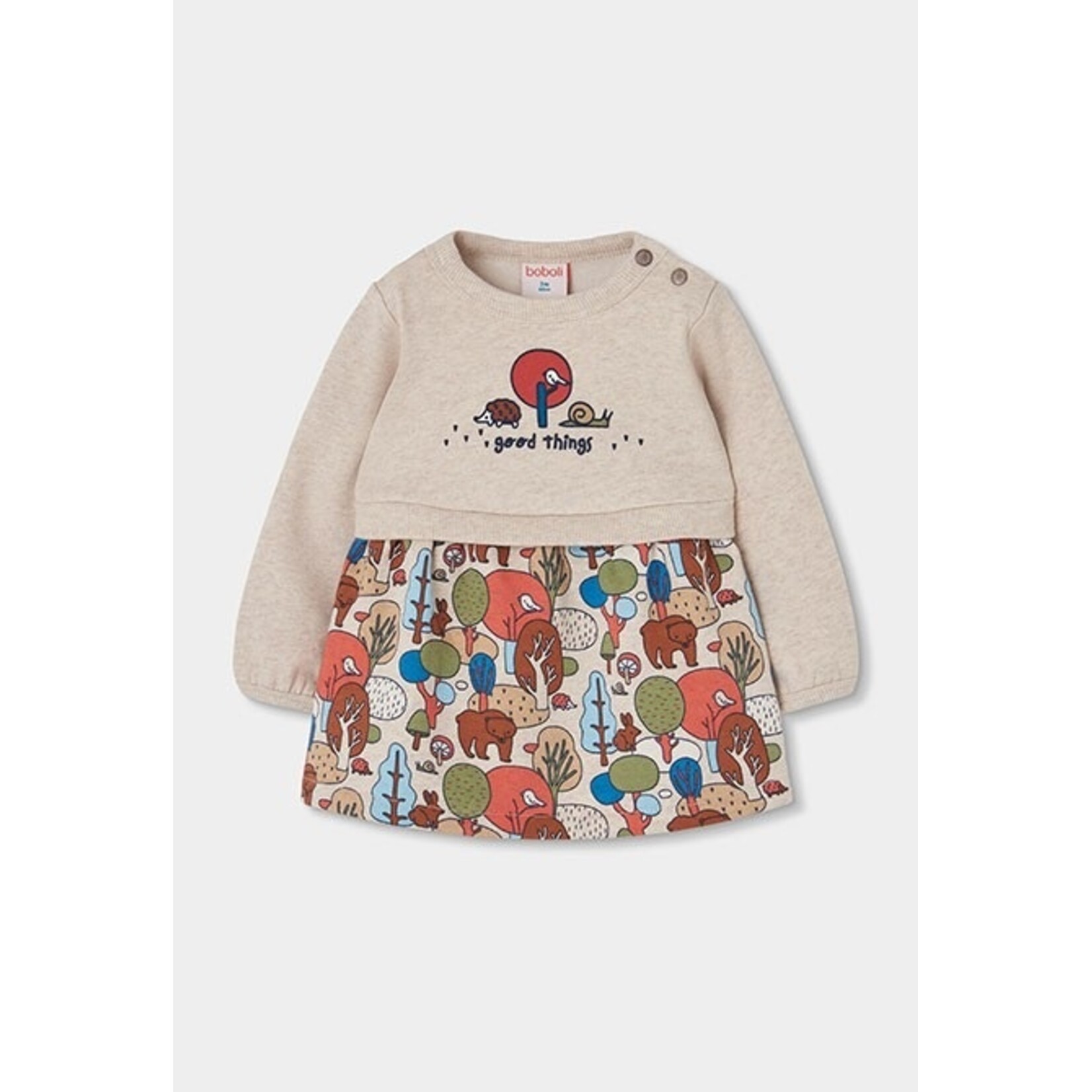 Boboli BOBOLI - Robe beige à manches longues à haut avec imprimé d'animaux 'good things' et volant à imprimé d'animaux de la forêt