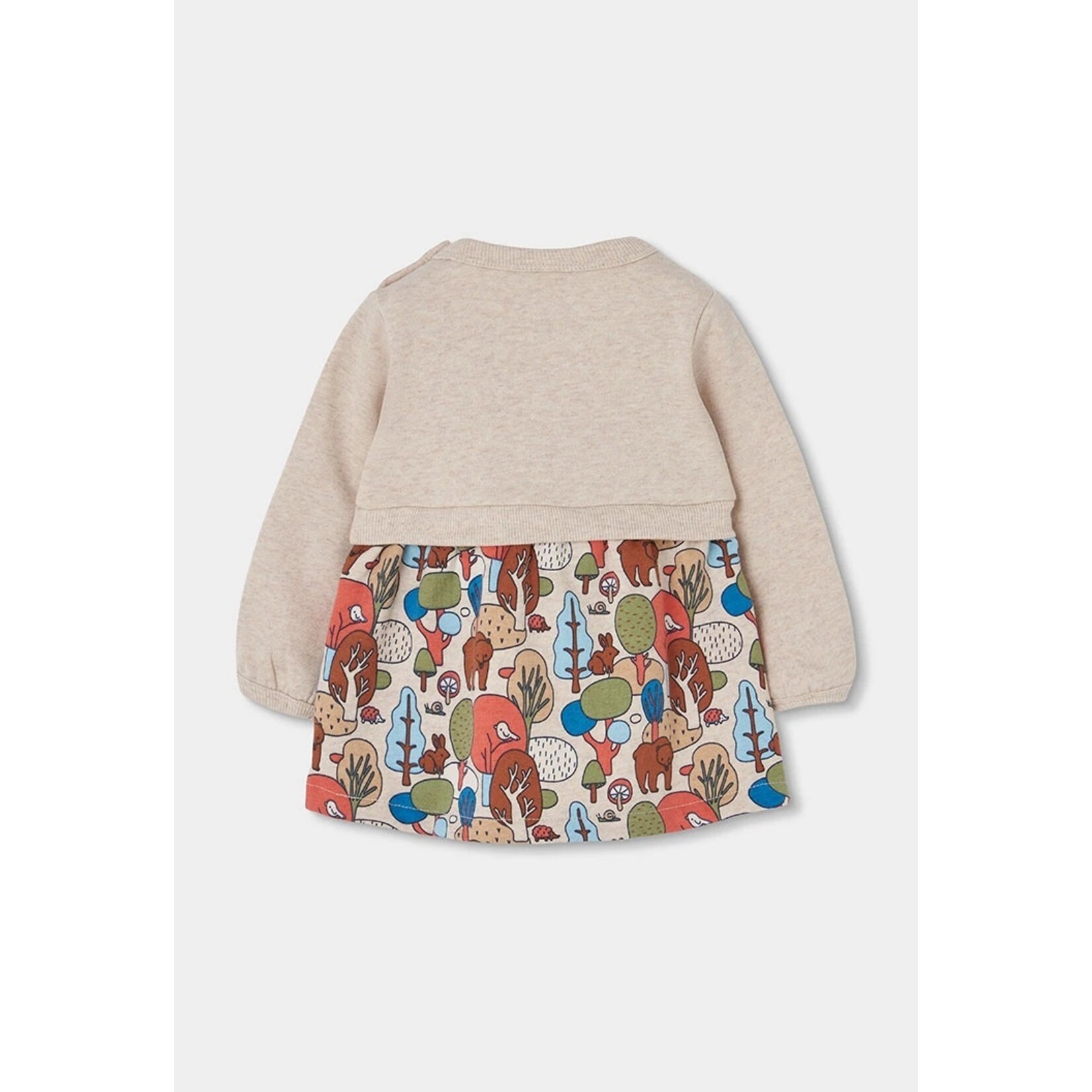 Boboli BOBOLI - Beige long-sleeved dress featuring a "good things" animal print bodice and a forest animal print ruffle