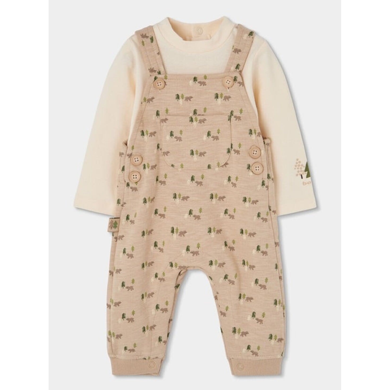 Boboli BOBOLI - 2-Piece Set – Beige Long-Sleeve Bodysuit and Forest Bear Print Overalls