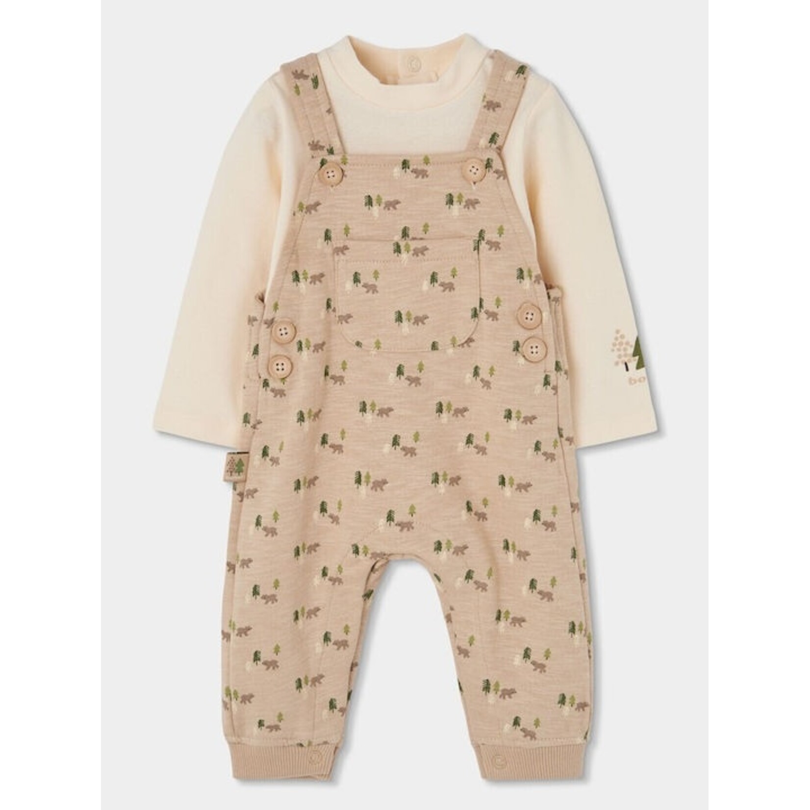 Boboli BOBOLI - Ensemble 2 pièces - Cache-couche beige manches longues et salopette à imprimé d'ours en forêt