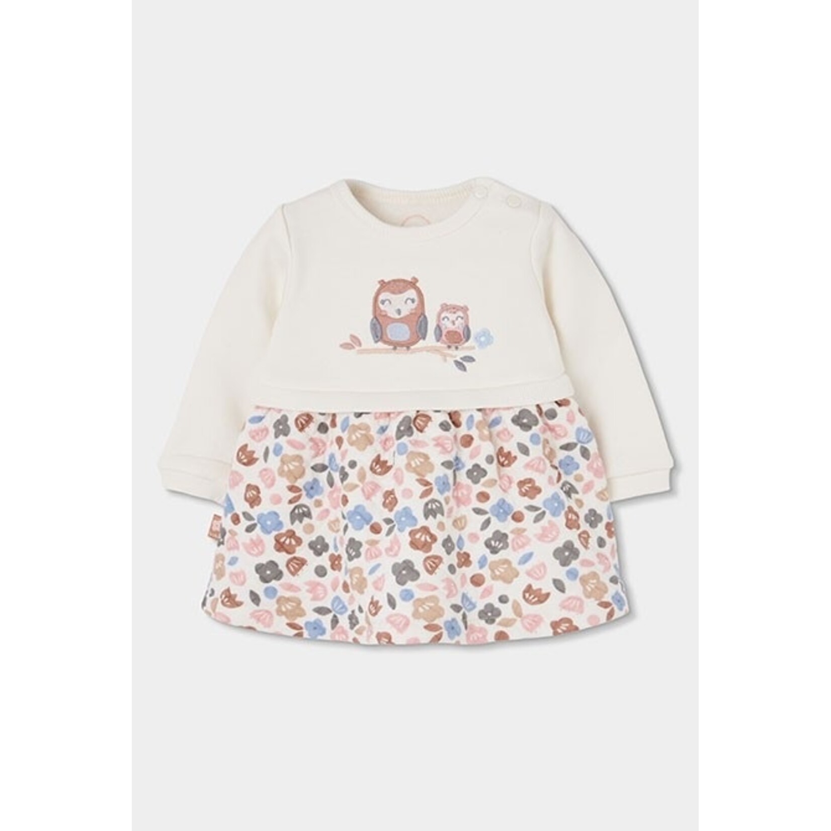 Boboli BOBOLI - Robe blanche à manches longues à haut avec broderie de hiboux et volant à fleurs colorées