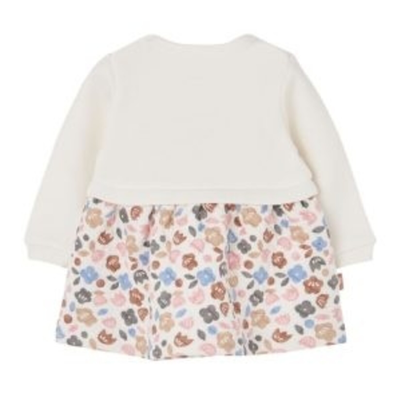 Boboli BOBOLI - White long-sleeved dress featuring an owl-embroidered bodice and a colorful floral ruffle