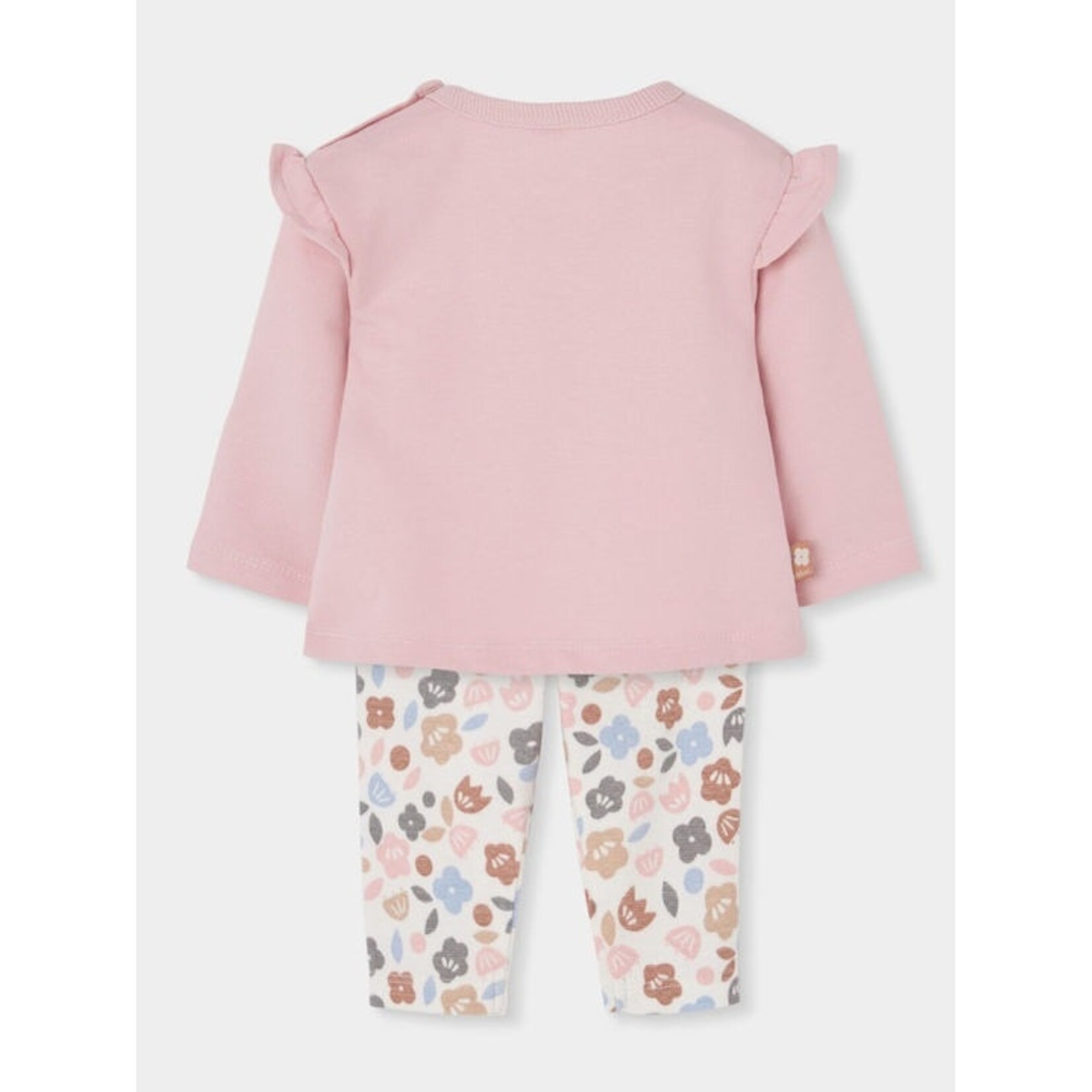 Boboli BOBOLI - 2-piece set – Pink long-sleeved sweater with a ruffle and white pants with a colorful floral print