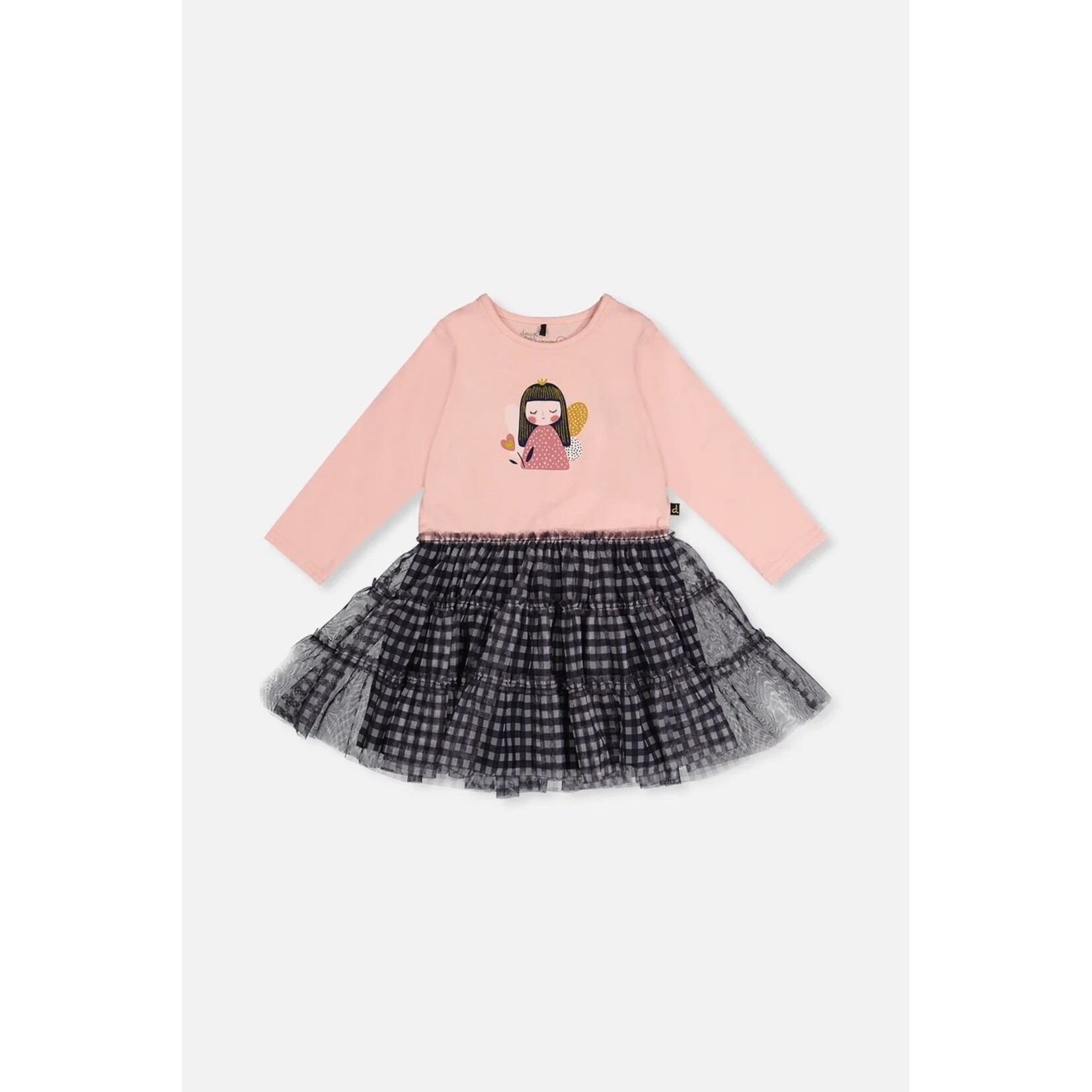Deux par Deux DEUX PAR DEUX - Robe manches longues bi-matière avec haut vieux rose pâle imprimé fée et jupe tulle vichy