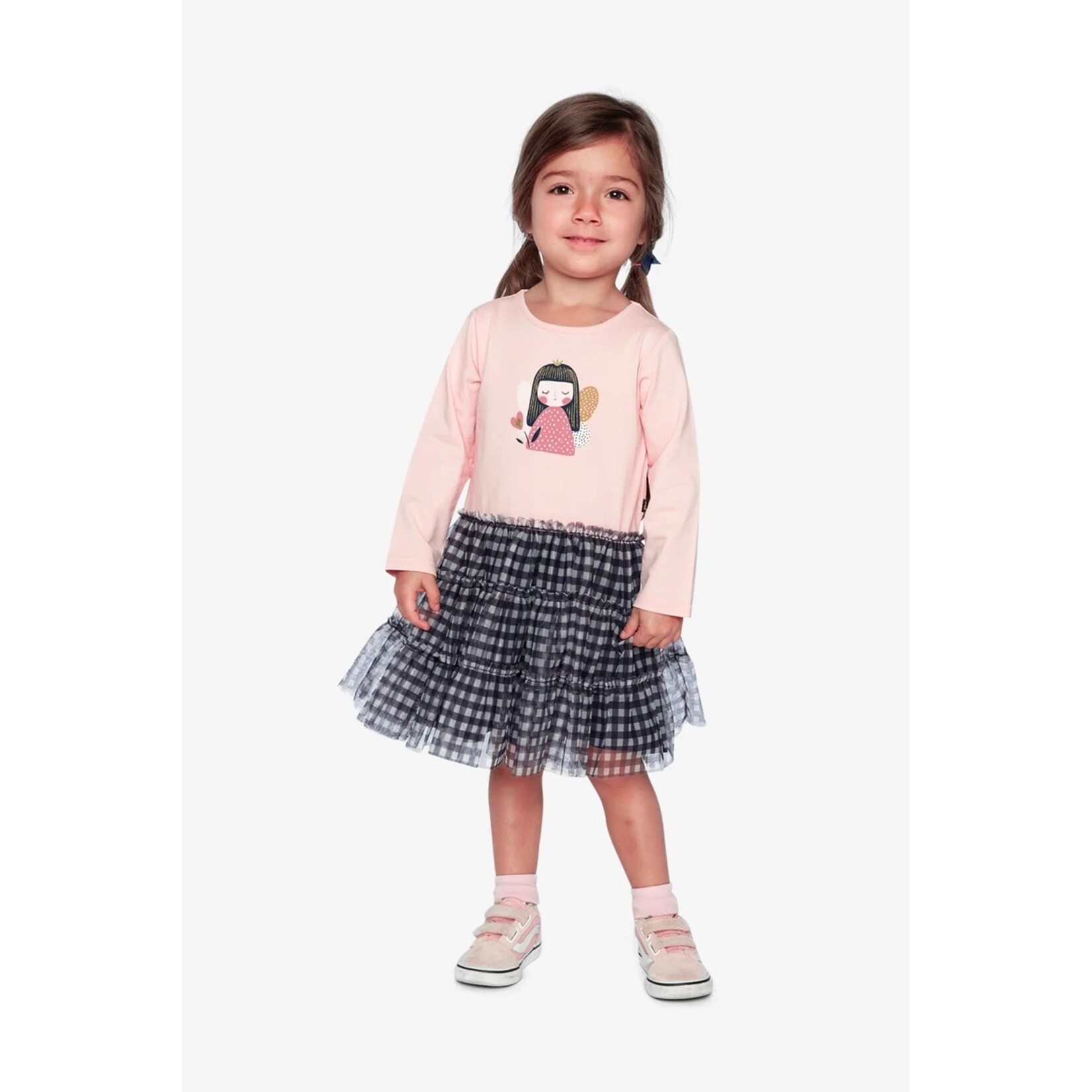 Deux par Deux DEUX PAR DEUX - Mixed-material long-sleeve dress with a pale dusty pink top with a fairy print and a gingham tulle skirt.