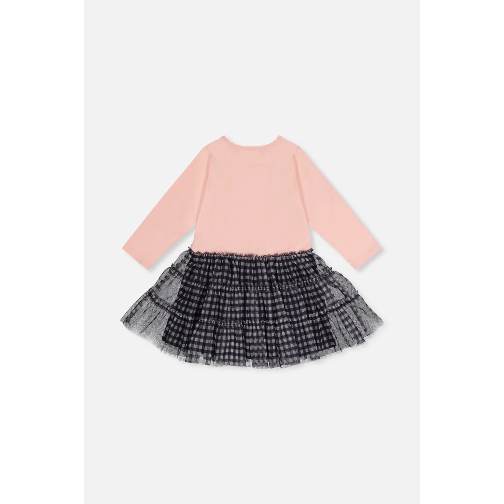 Deux par Deux DEUX PAR DEUX - Mixed-material long-sleeve dress with a pale dusty pink top with a fairy print and a gingham tulle skirt.