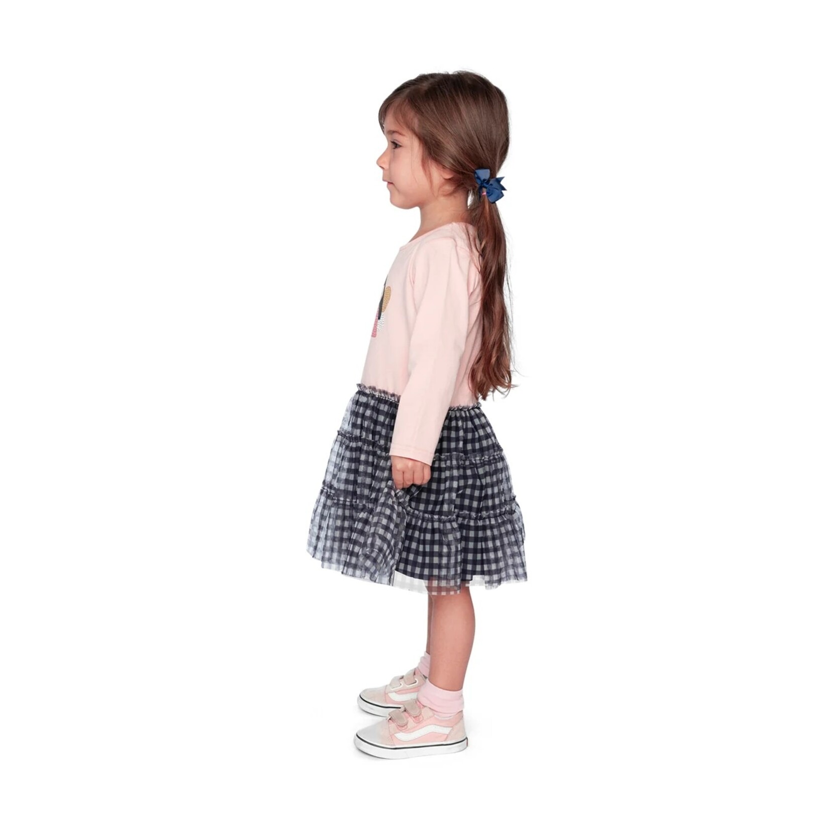 Deux par Deux DEUX PAR DEUX - Robe manches longues bi-matière avec haut vieux rose pâle imprimé fée et jupe tulle vichy
