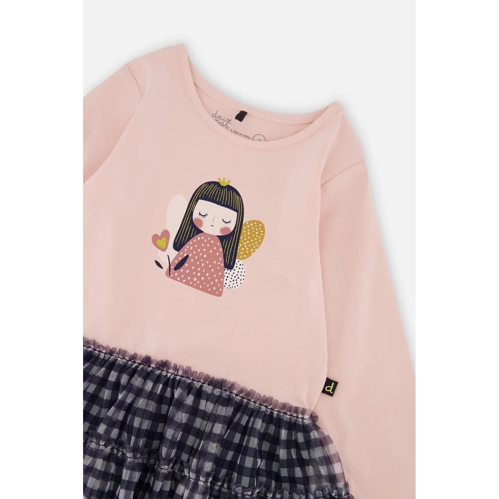 Deux par Deux DEUX PAR DEUX - Mixed-material long-sleeve dress with a pale dusty pink top with a fairy print and a gingham tulle skirt.
