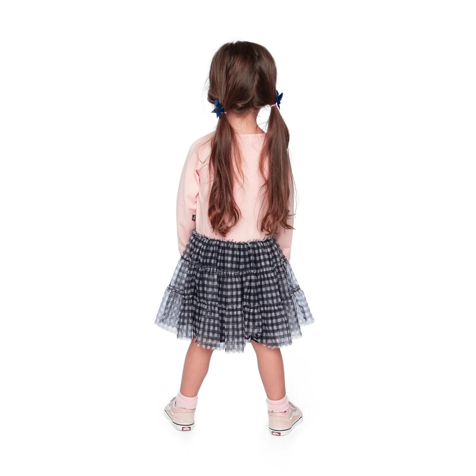 Deux par Deux DEUX PAR DEUX - Robe manches longues bi-matière avec haut vieux rose pâle imprimé fée et jupe tulle vichy