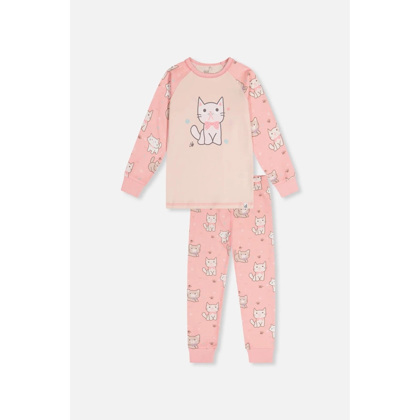 Deux par Deux  DEUX PAR DEUX - Pink organic cotton two-piece pajama set with cat print