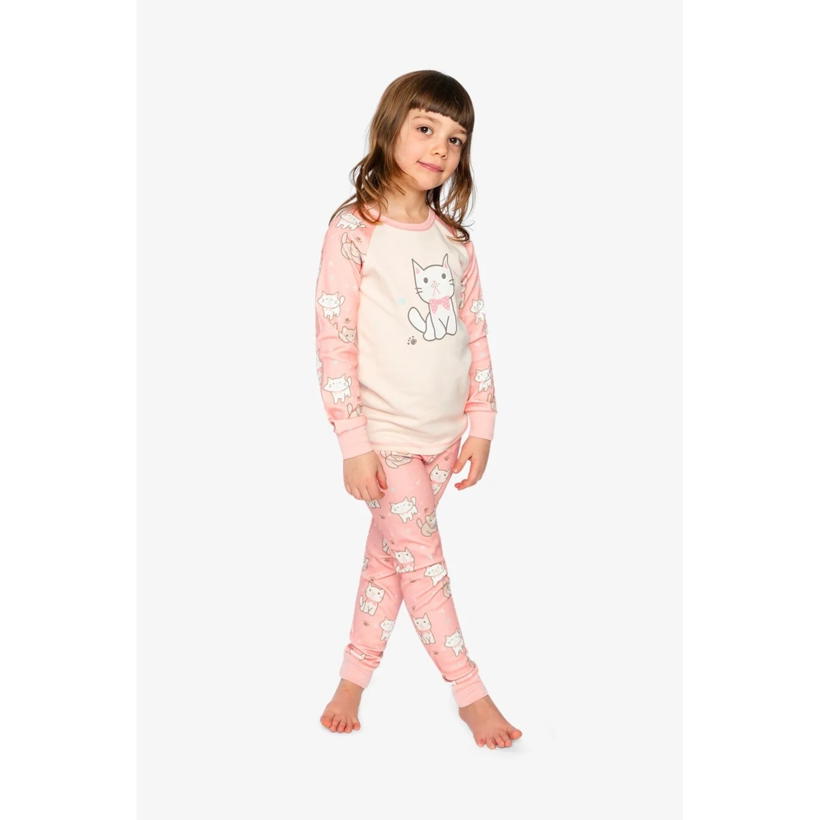 Deux par Deux  DEUX PAR DEUX - Pink organic cotton two-piece pajama set with cat print