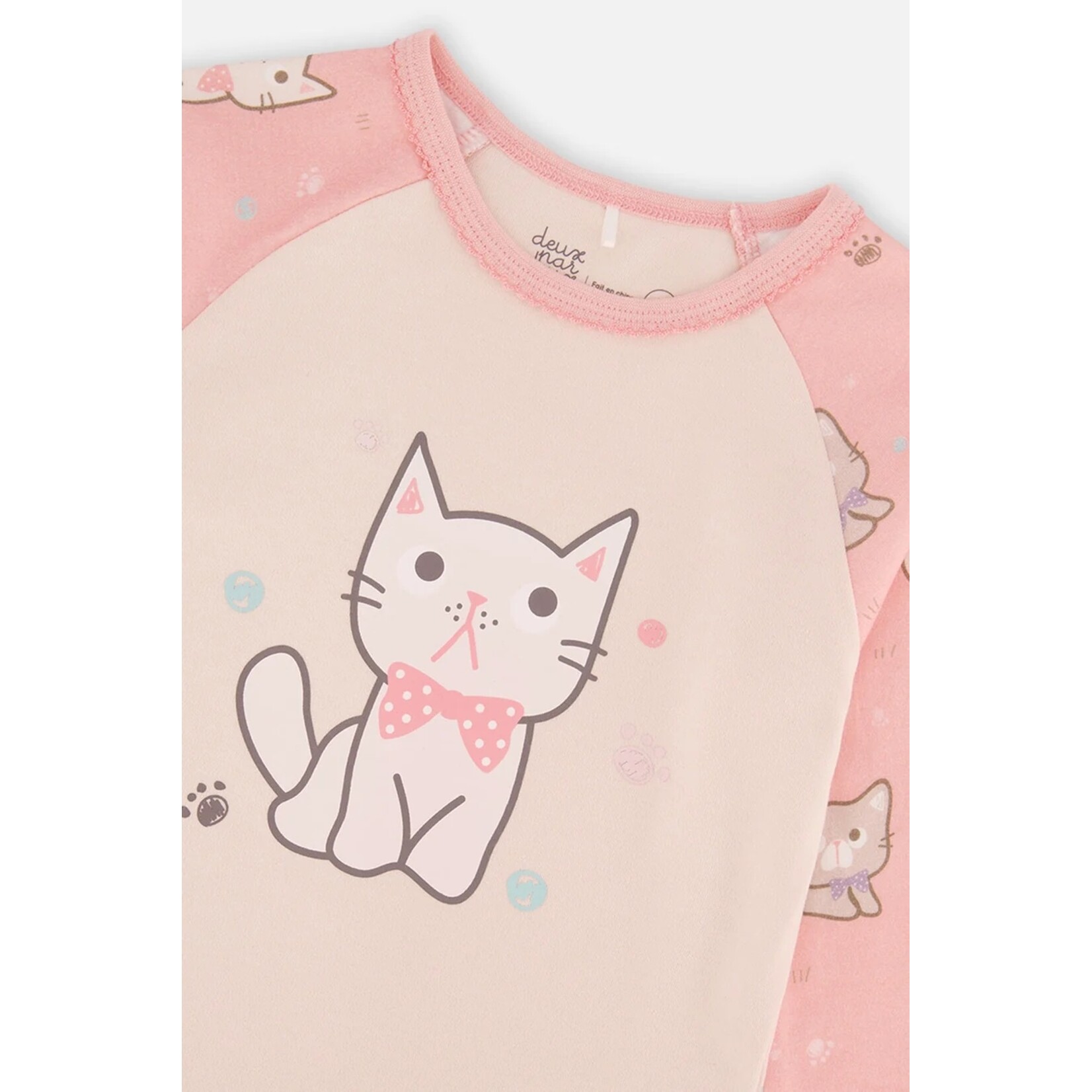 Deux par Deux  DEUX PAR DEUX - Pink organic cotton two-piece pajama set with cat print