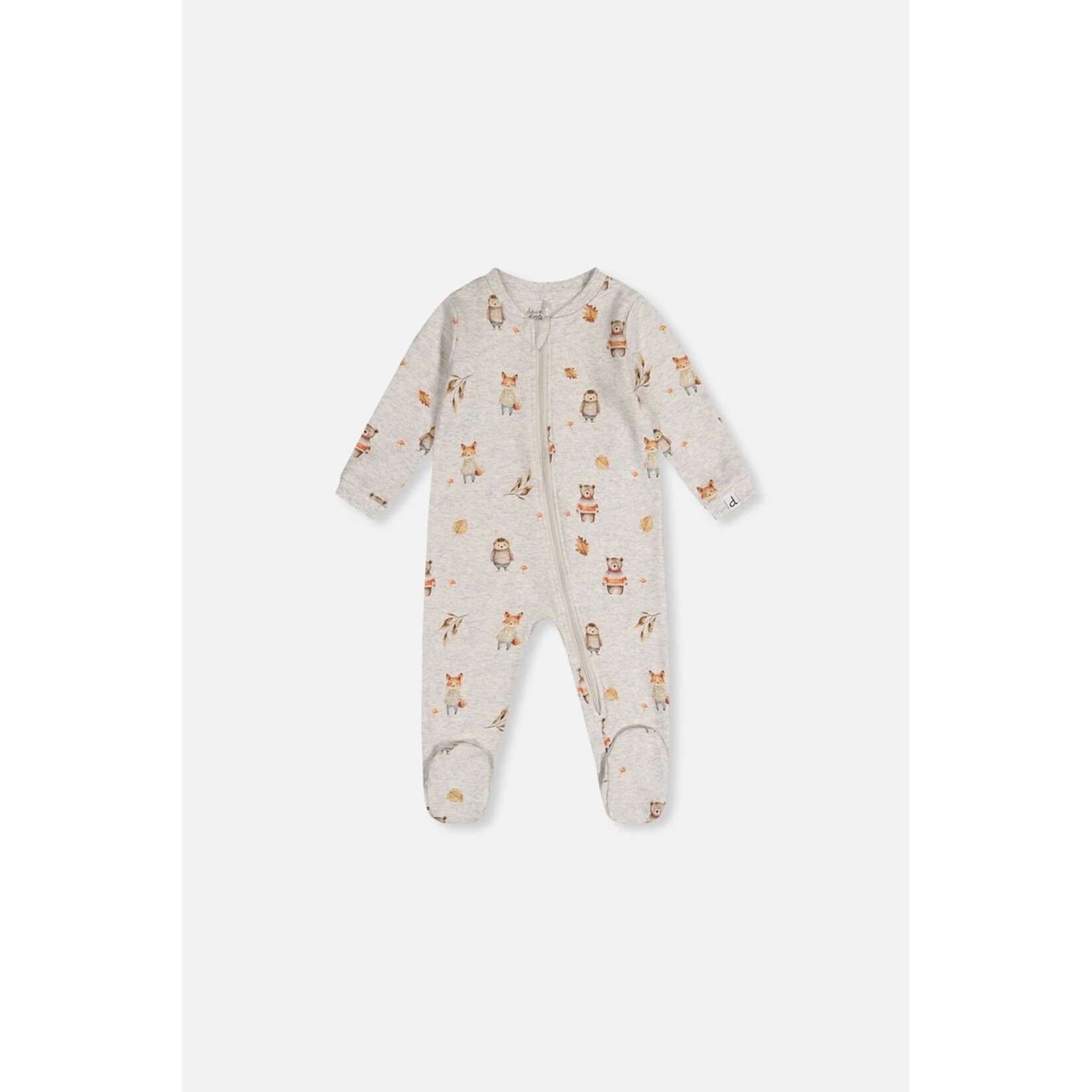 Deux par Deux  DEUX PAR DEUX - Grey organic cotton one-piece pajamas with an autumn animal print
