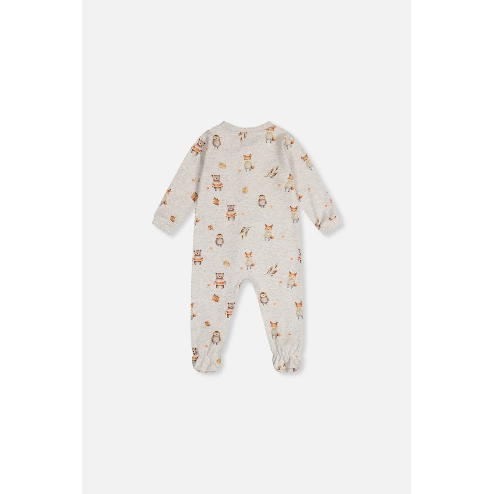 Deux par Deux  DEUX PAR DEUX - Grey organic cotton one-piece pajamas with an autumn animal print