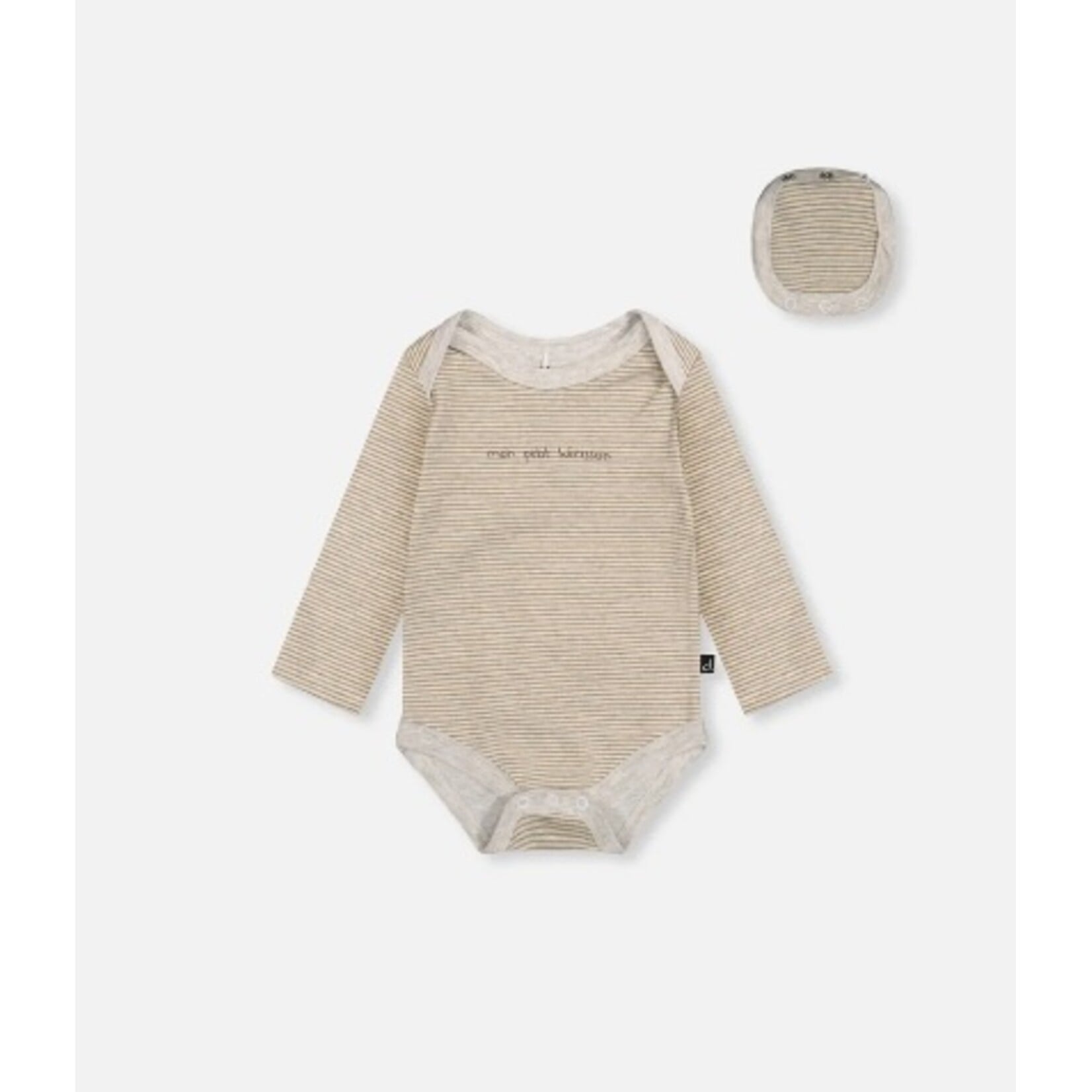 Deux par Deux DEUX PAR DEUX - Grow-with-me organic cotton bodysuit in grey with stripes and 'Mon petit hérisson' print