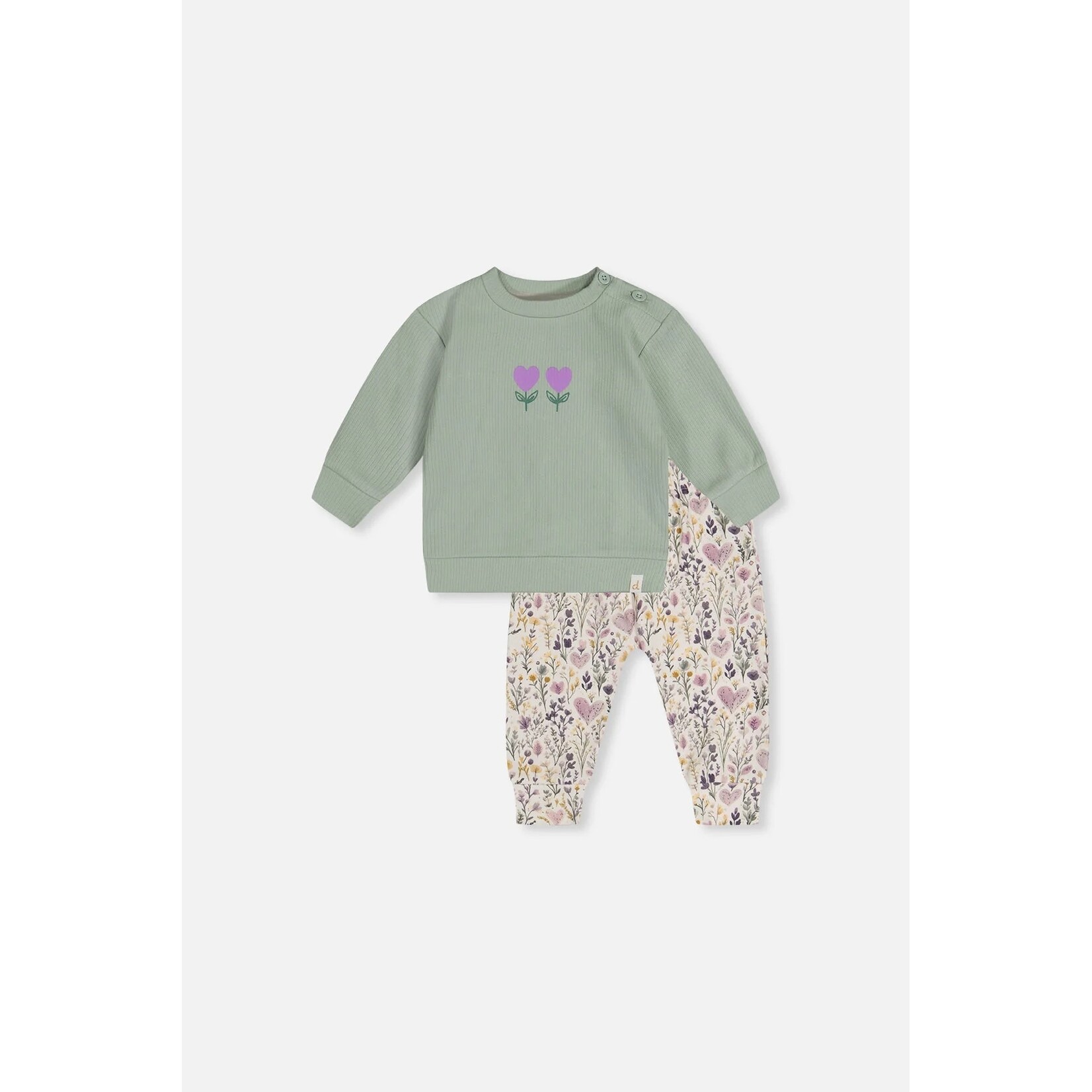 Deux par Deux DEUX PAR DEUX - Organic Cotton Pants And Top Set Green And Beige Heart Print