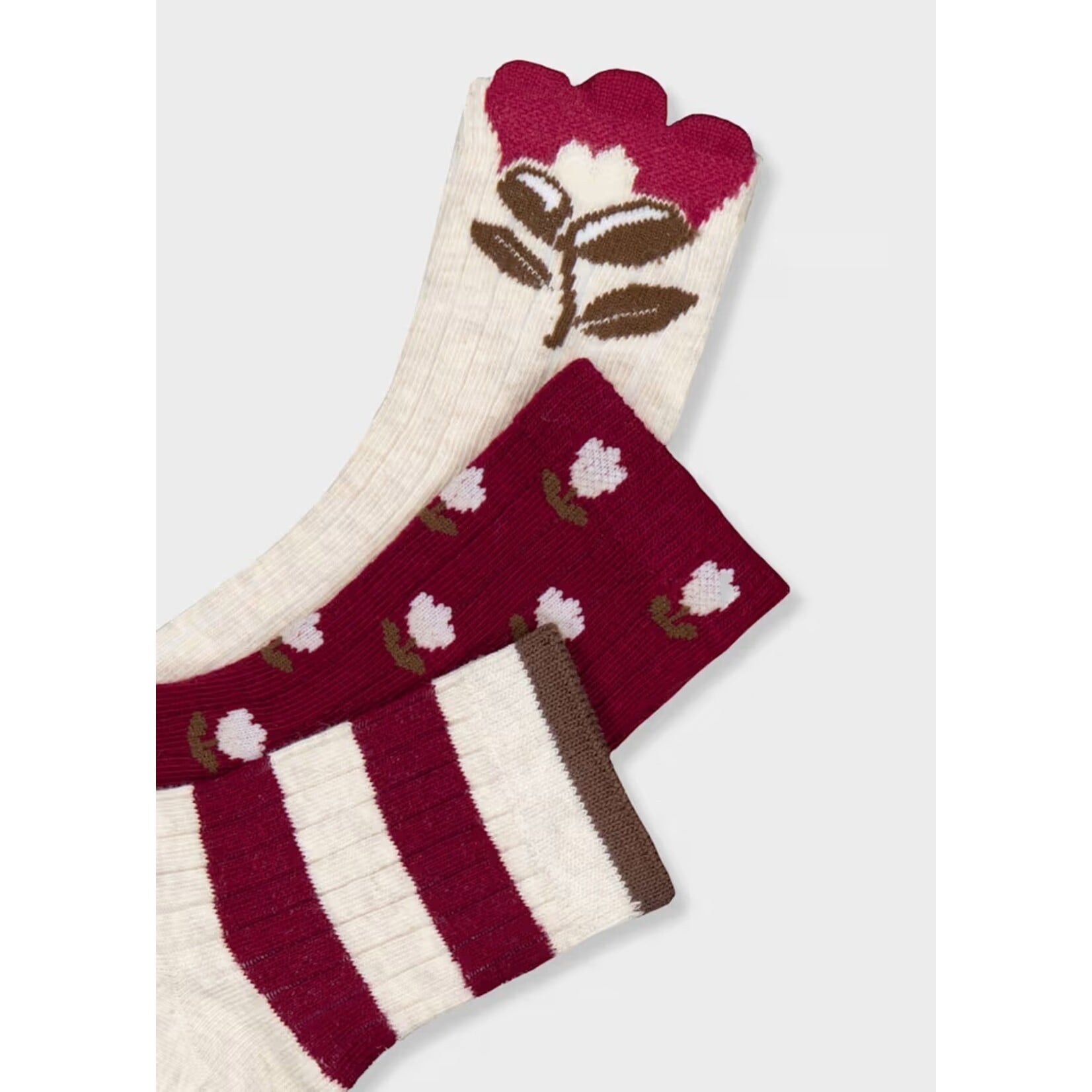 Mayoral MAYORAL - Pack of 3 pairs of socks 'Red, heathered beige, and brown – flowers'