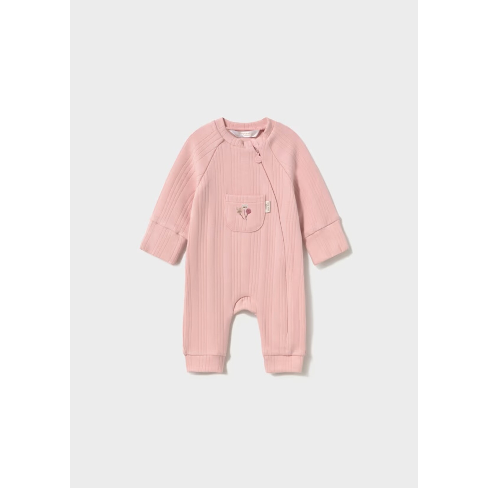 Mayoral MAYORAL - Pink ribbed long-sleeve romper with pocket and embroidery