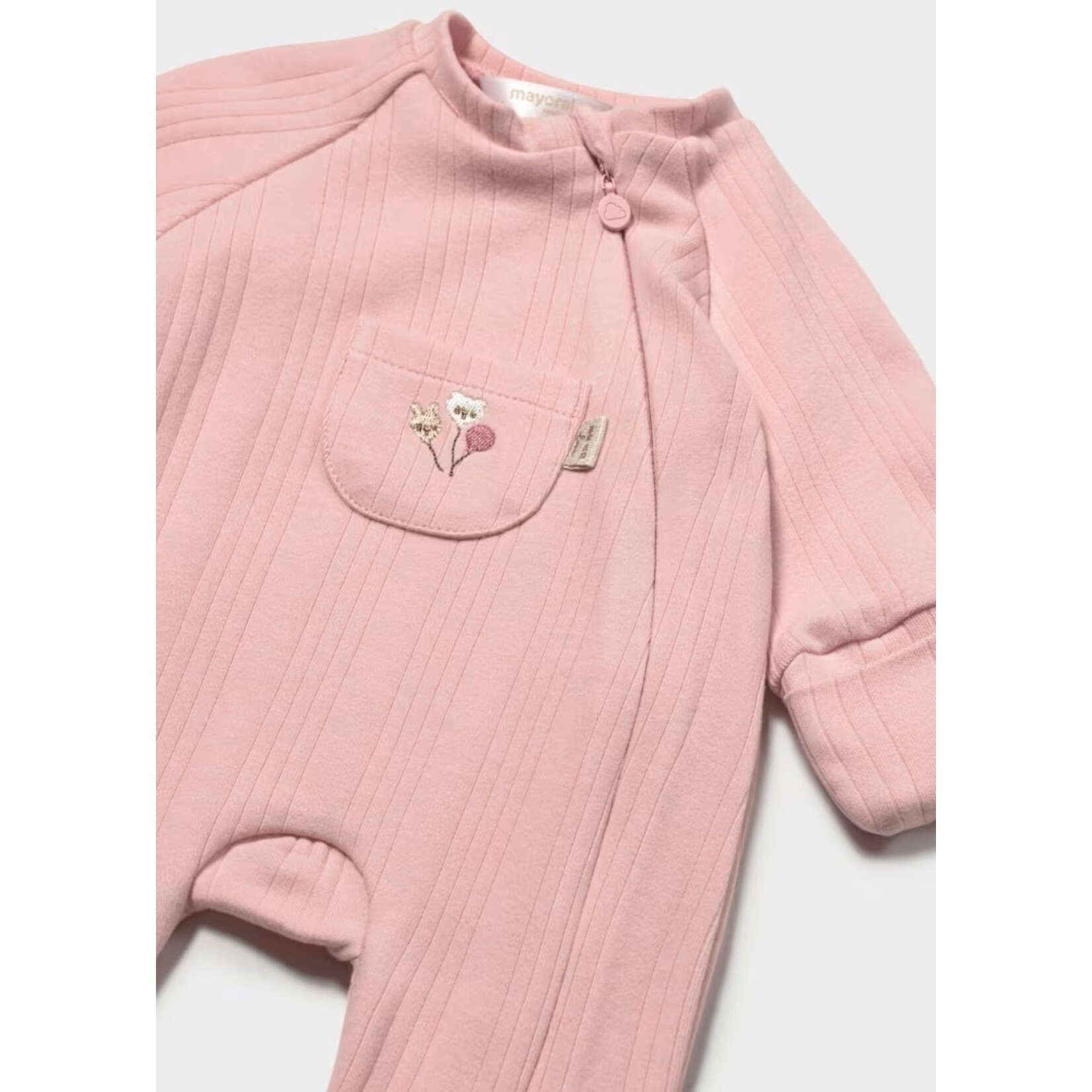 Mayoral MAYORAL - Grenouillère à manches longues à tissu côtelé rose avec poche et broderies