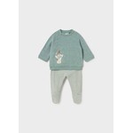 Mayoral MAYORAL - 2-Piece Set – Verdigris long-sleeve top with a textured winter bear design and beige and verdigris striped long pants