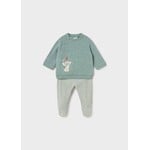 Mayoral MAYORAL - Ensemble 2 morceaux - Chandail à manches longues vert-de-gris avec motif d'ourson hivernal texturé et pantalon long ligné beige et vert-de-gris