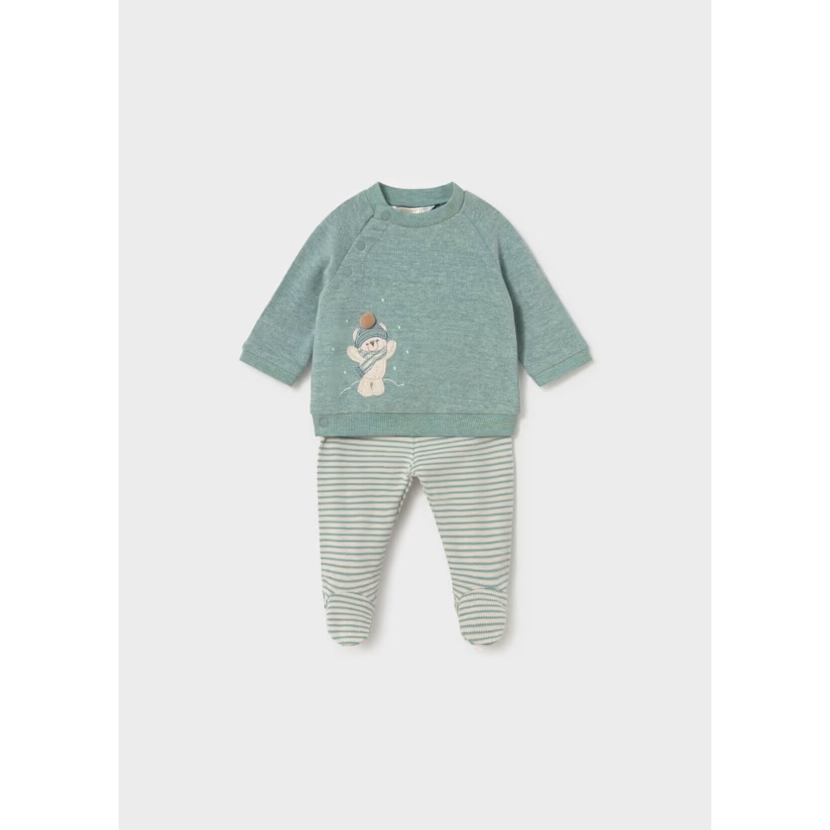 Mayoral MAYORAL - Ensemble 2 morceaux - Chandail à manches longues vert-de-gris avec motif d'ourson hivernal texturé et pantalon long ligné beige et vert-de-gris
