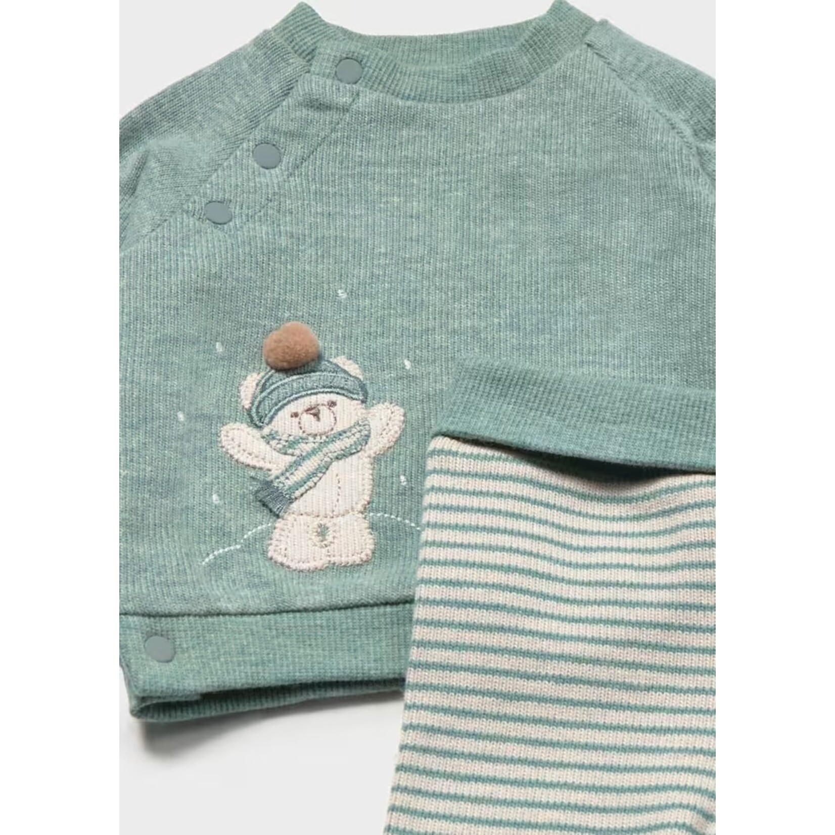 Mayoral MAYORAL - 2-Piece Set – Verdigris long-sleeve top with a textured winter bear design and beige and verdigris striped long pants