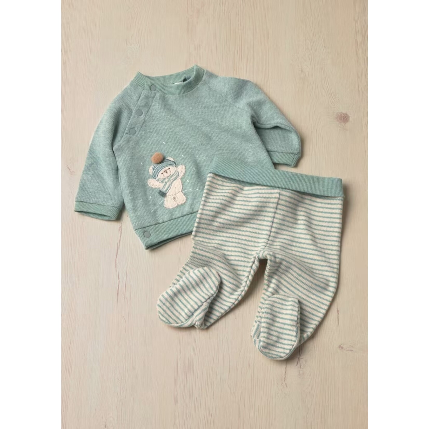 Mayoral MAYORAL - Ensemble 2 morceaux - Chandail à manches longues vert-de-gris avec motif d'ourson hivernal texturé et pantalon long ligné beige et vert-de-gris
