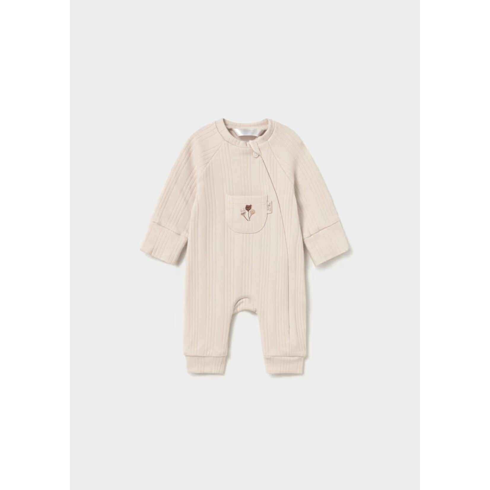 Mayoral MAYORAL - Beige ribbed long-sleeve romper with pocket and embroidery