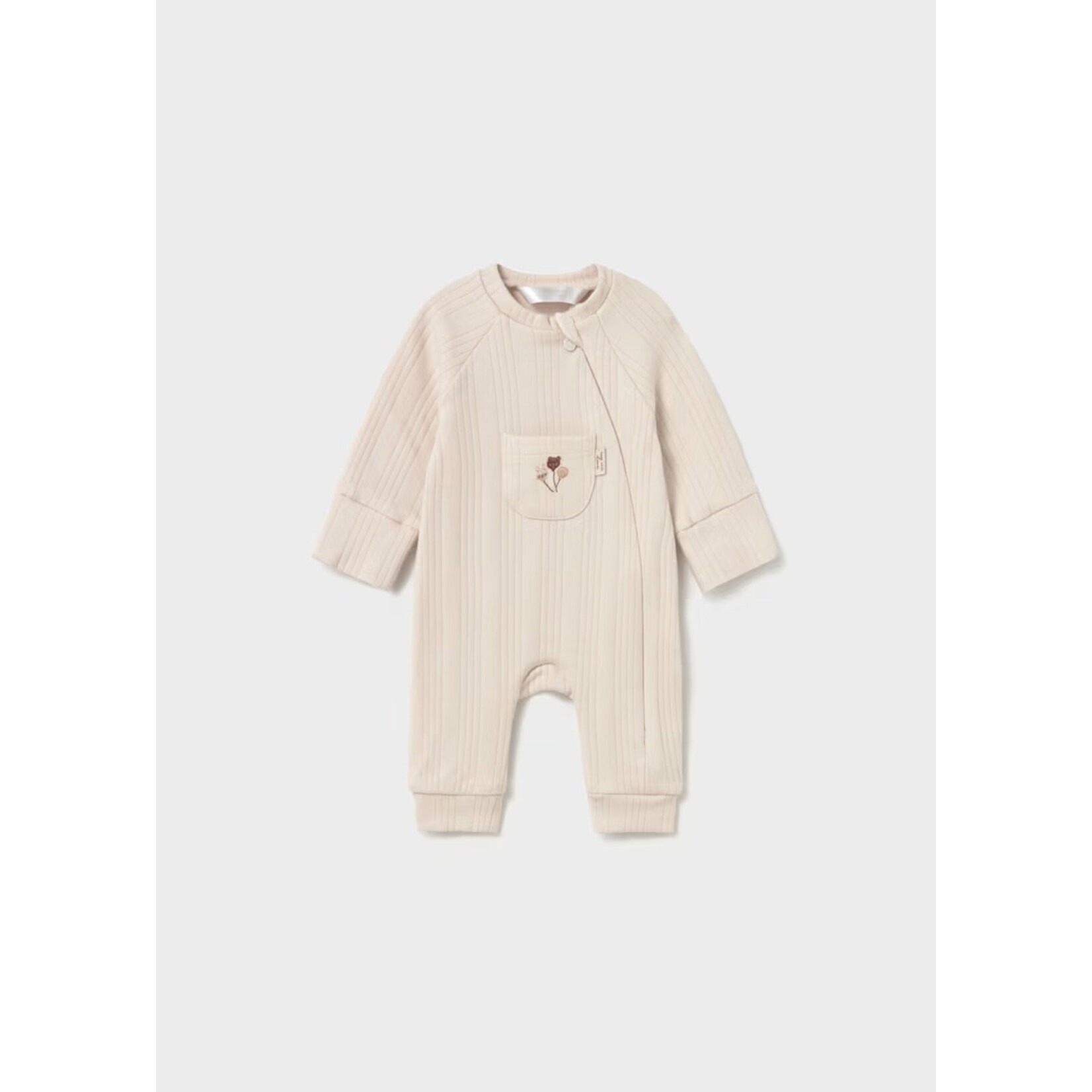 Mayoral MAYORAL - Grenouillère à manches longues à tissu côtelé beige avec poche et broderies