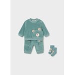 Mayoral MAYORAL - Ensemble trois pièces : Pantalon, chandail et bas côtelés velours -Turquoise avec ourson