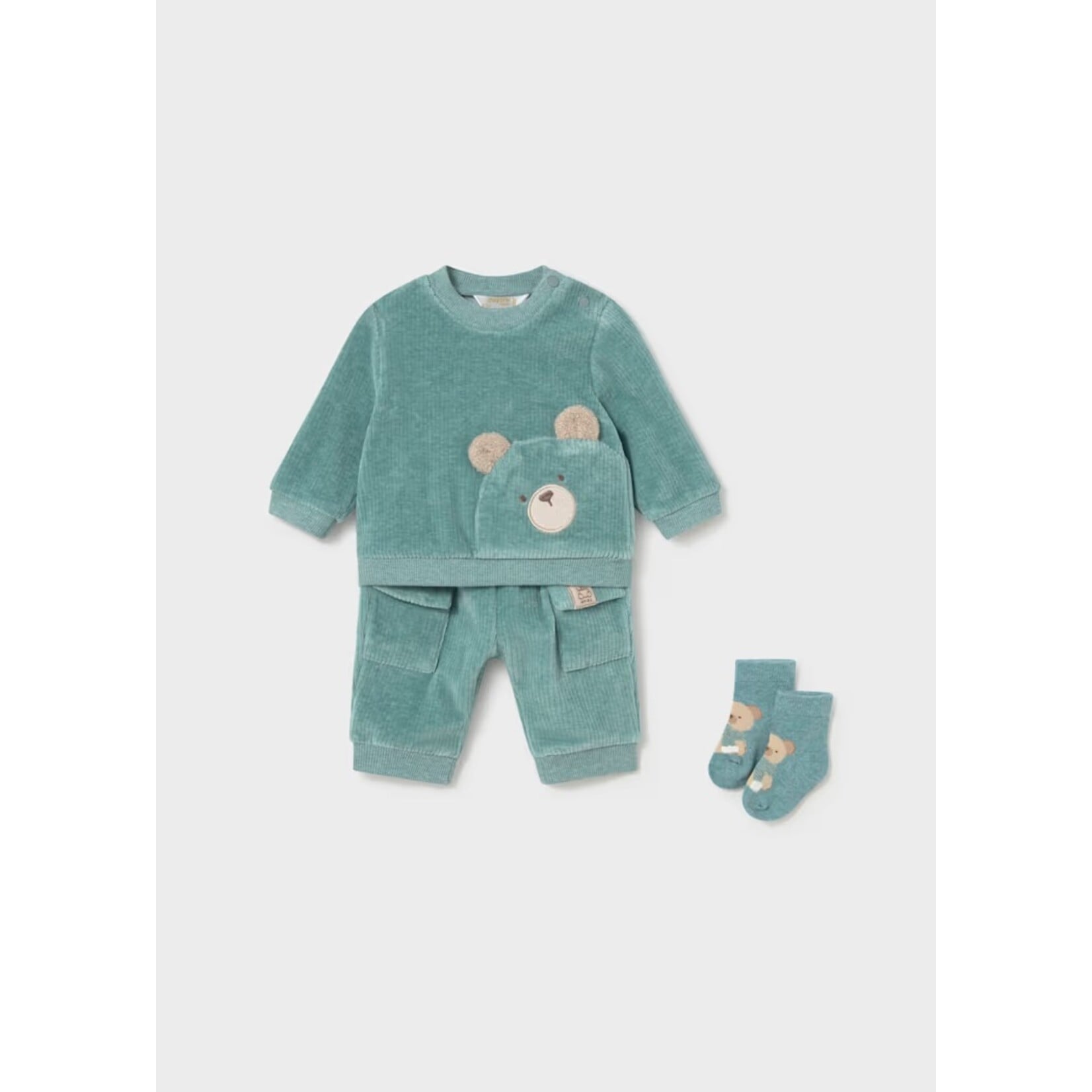 Mayoral MAYORAL - Three-piece set: Trousers, sweater, and ribbed velour bottoms – Turquoise with teddy bear motif