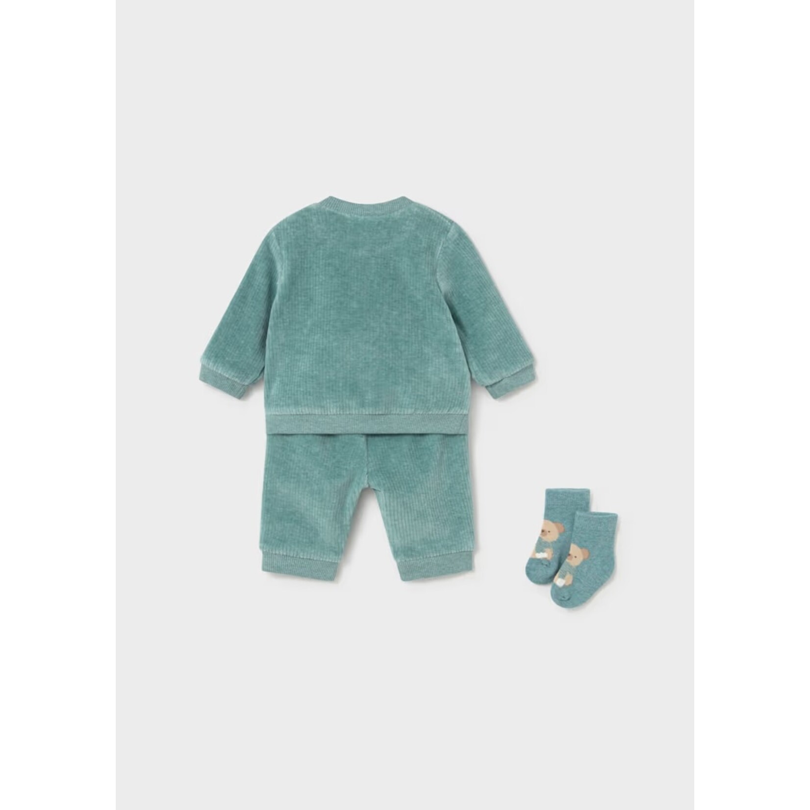 Mayoral MAYORAL - Ensemble trois pièces : Pantalon, chandail et bas côtelés velours -Turquoise avec ourson
